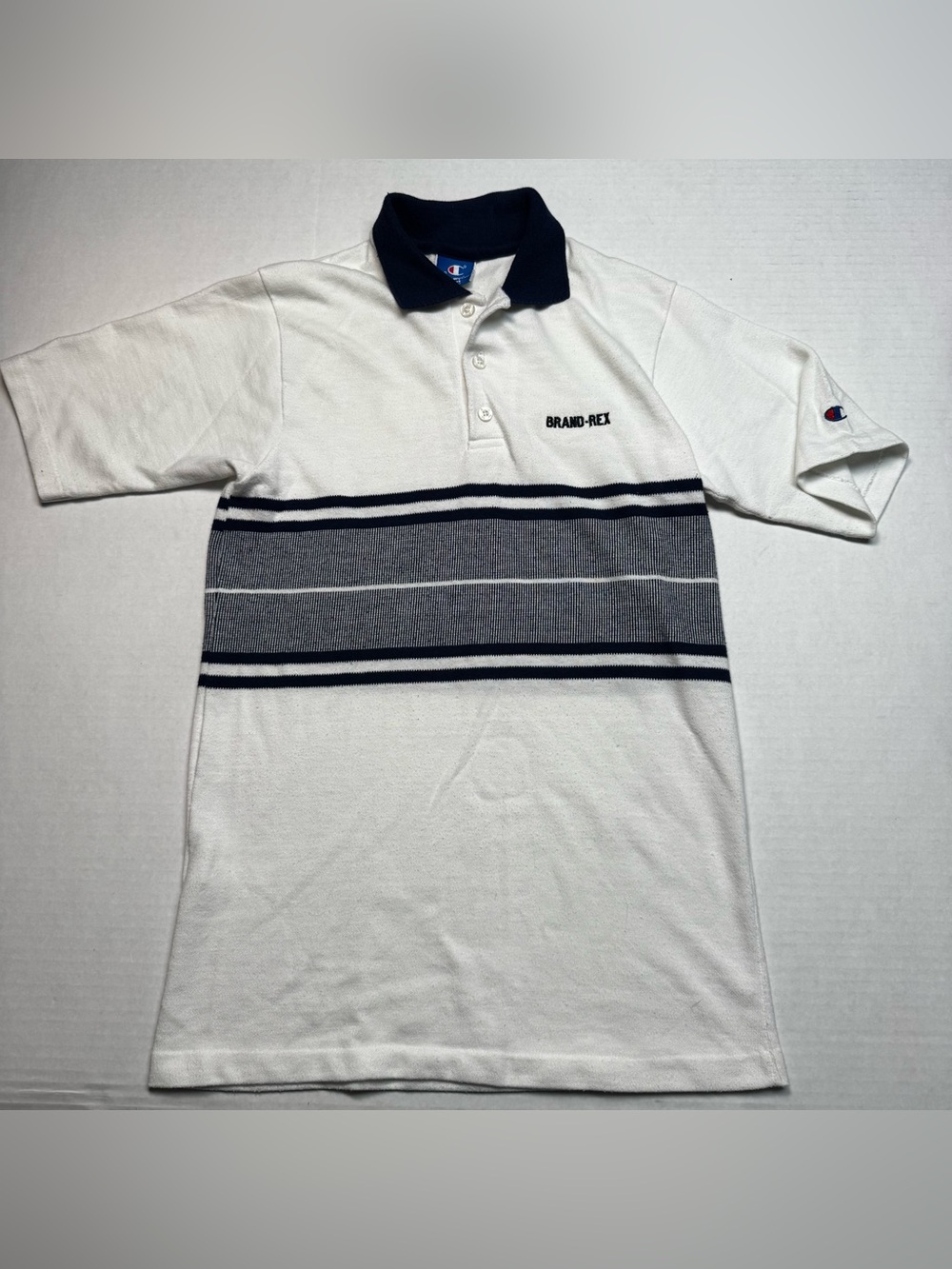 Vintage Champion Embroidered Brand Rex Polo Shirt White Blue Size: S Made In USA